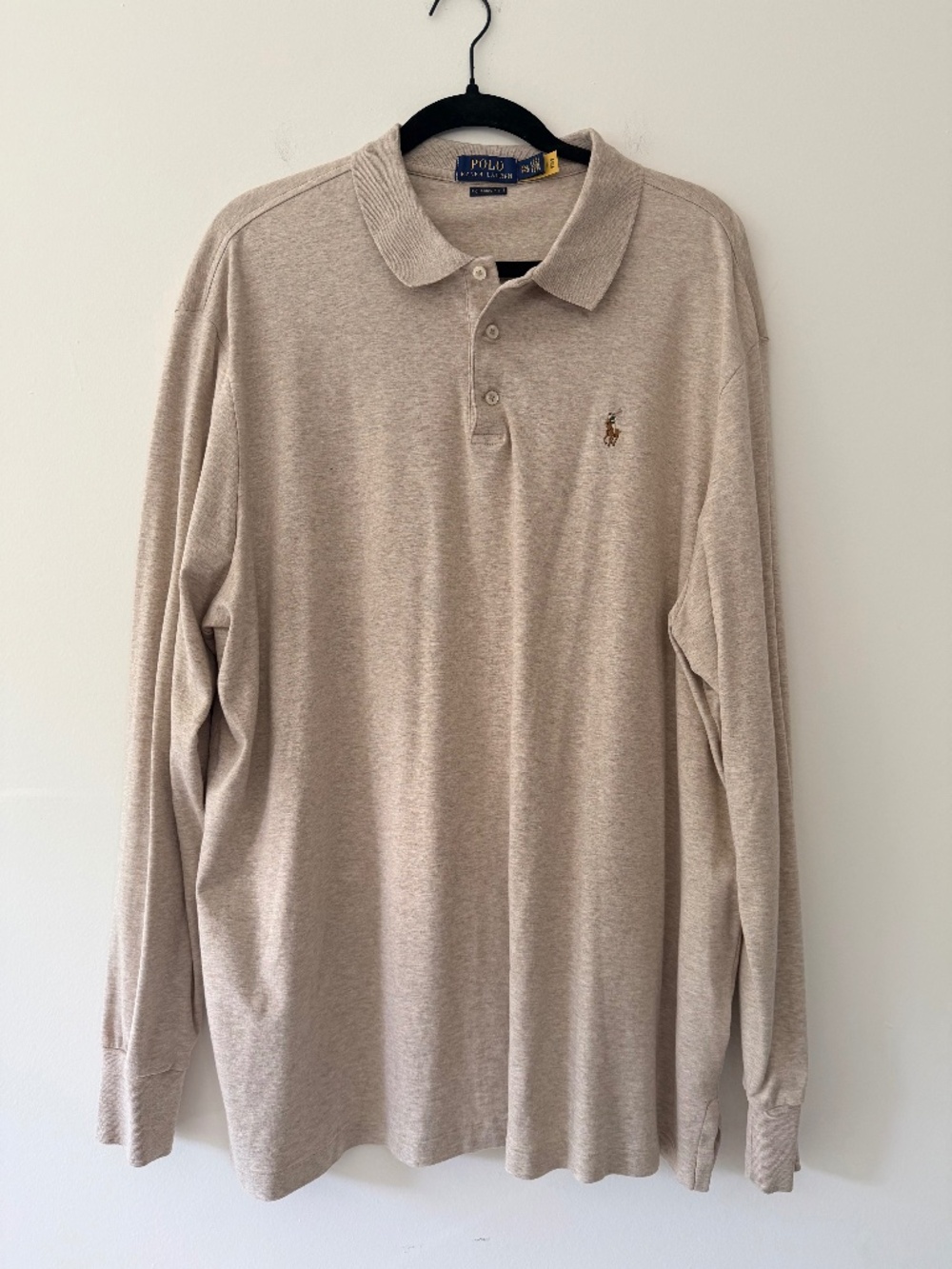NWOT Polo Ralph Lauen Oatmeal Heather Soft Cotton Long Sleeve Polo Shirt Tee XXL